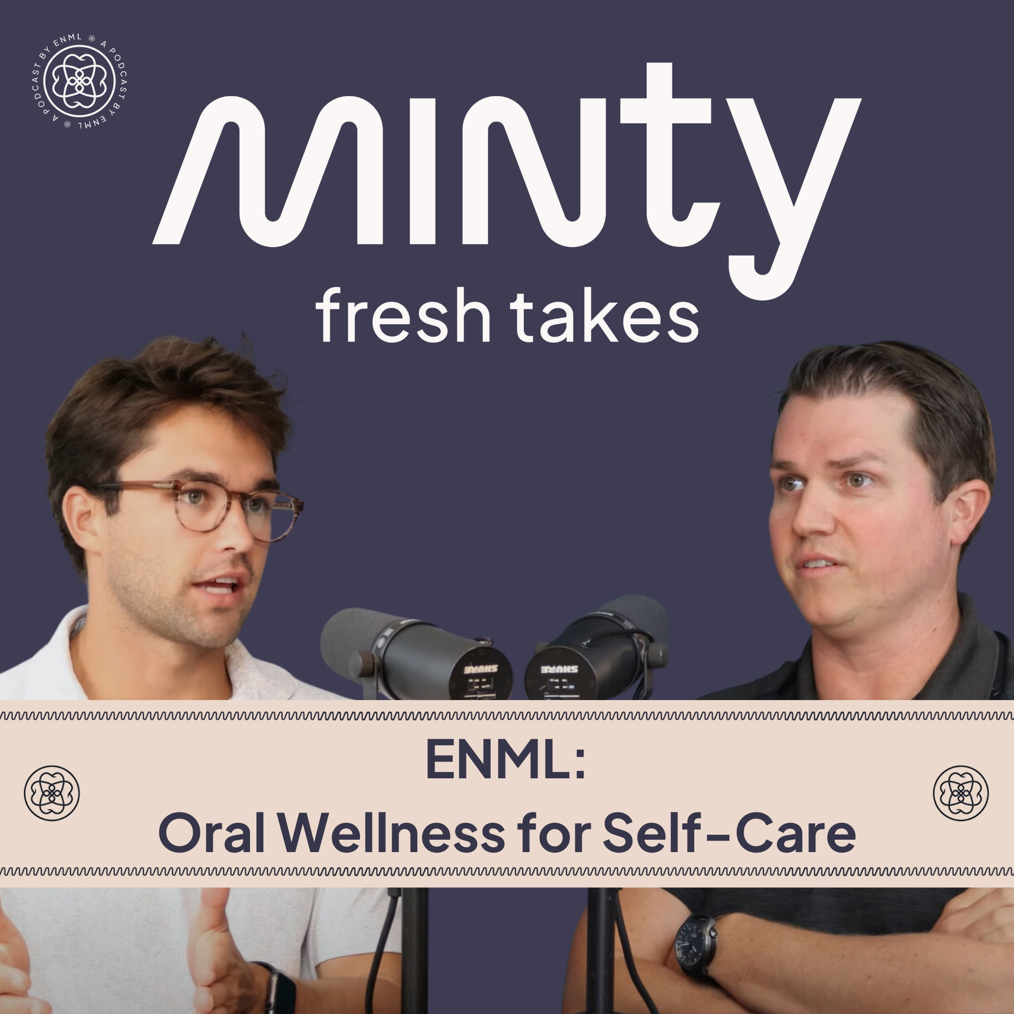 Two podcast hosts discussing in a professional studio setting for the Minty Fresh Takes series. The image features two people speaking into microphones, engaged in a conversation about innovative oral care solutions.