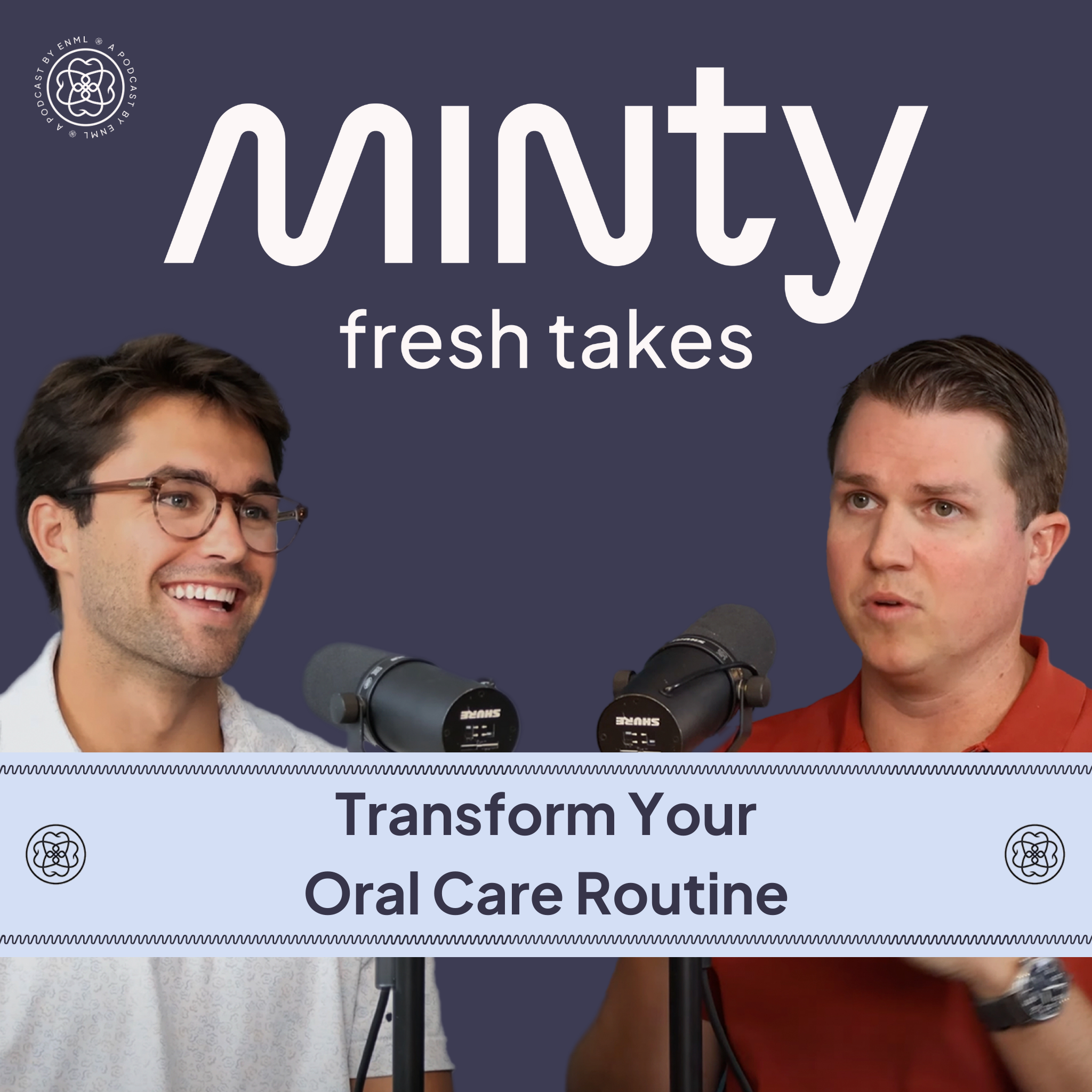 Two podcast hosts discussing in a professional studio setting for the Minty Fresh Takes series. The image features two people speaking into microphones, engaged in a conversation about innovative oral care solutions.