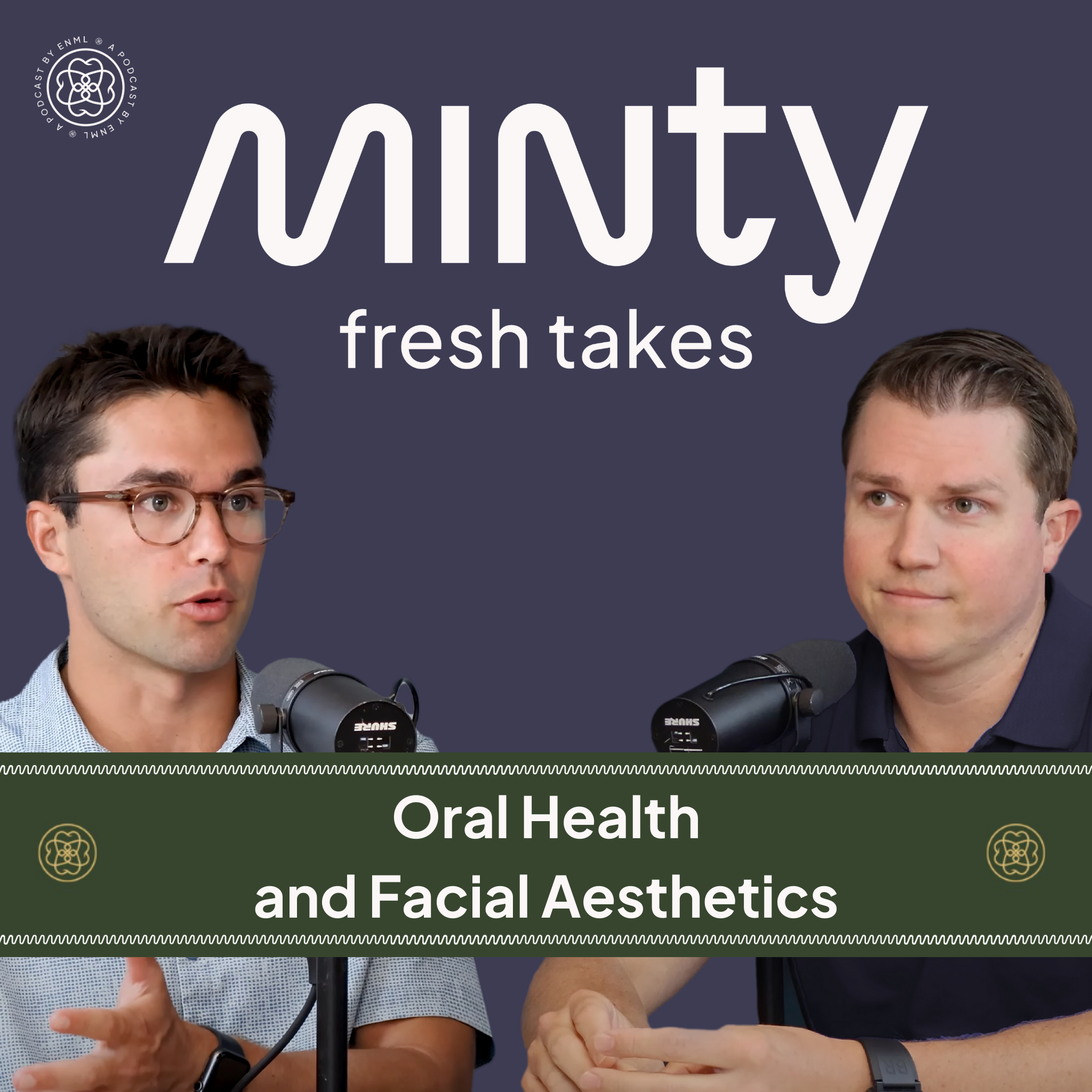 Two podcast hosts discussing in a professional studio setting for the Minty Fresh Takes series. The image features two people speaking into microphones, engaged in a conversation about innovative oral care solutions.
