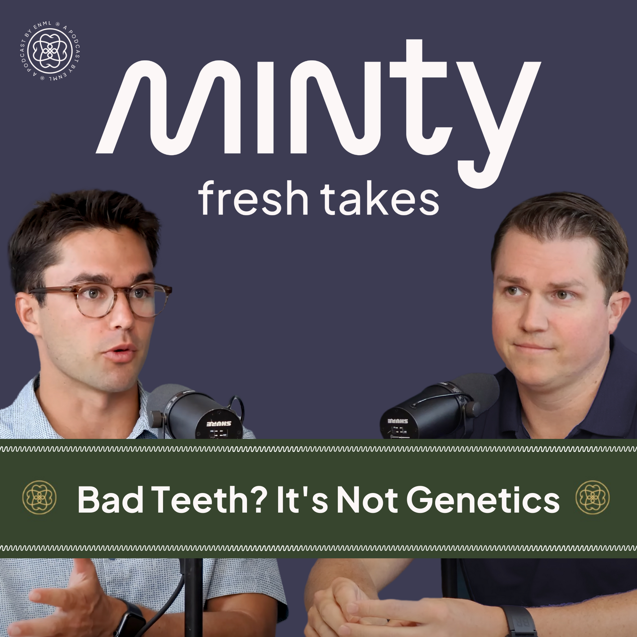 Two podcast hosts discussing in a professional studio setting for the Minty Fresh Takes series. The image features two people speaking into microphones, engaged in a conversation about innovative oral care solutions.
