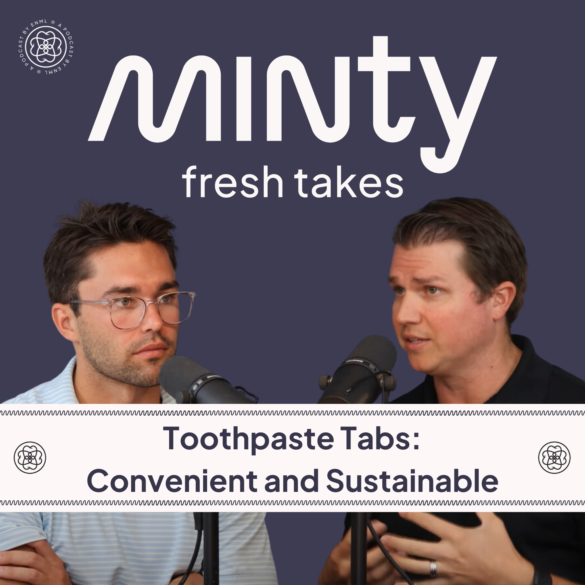 Two podcast hosts discussing in a professional studio setting for the Minty Fresh Takes series. The image features two people speaking into microphones, engaged in a conversation about innovative oral care solutions.