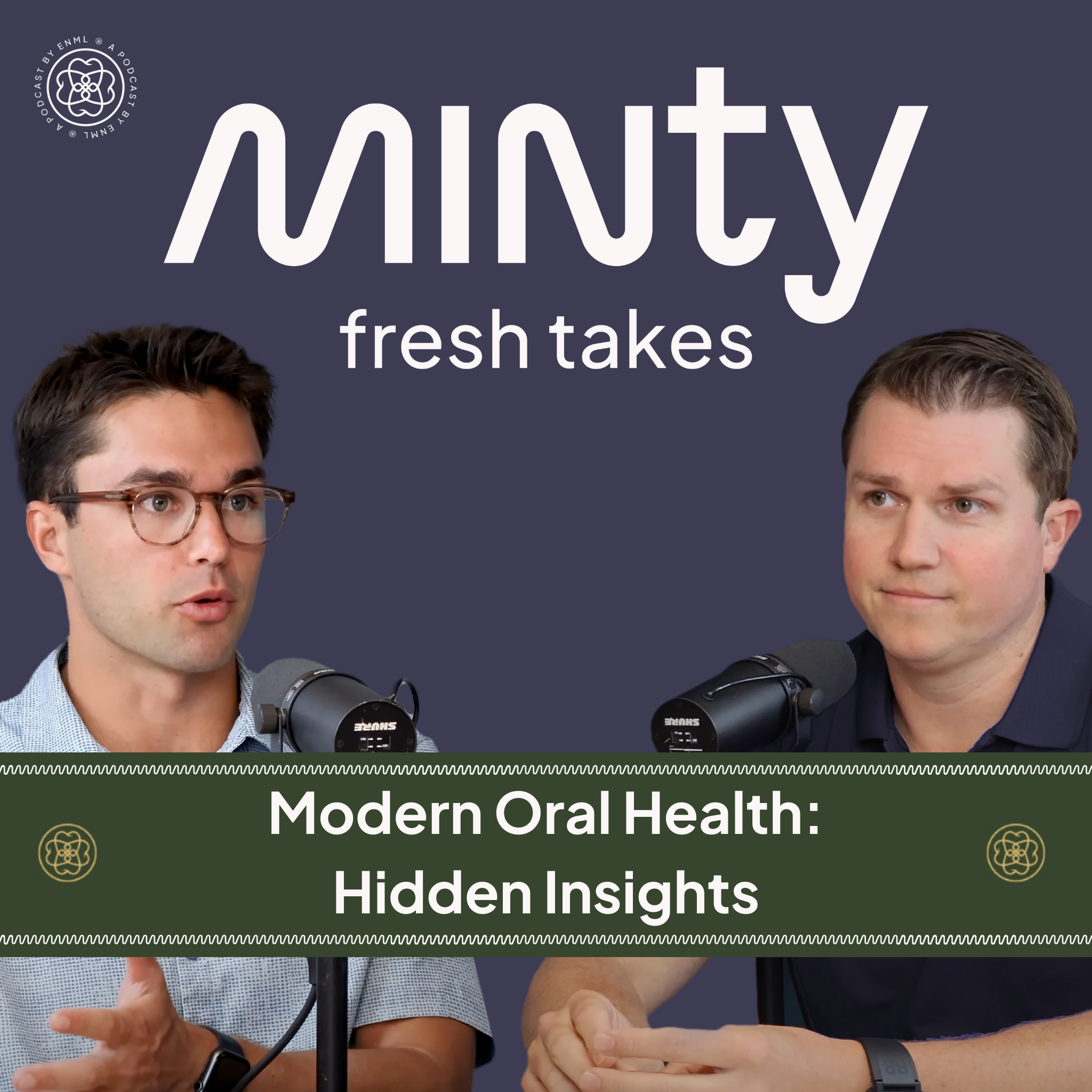 Two podcast hosts discussing in a professional studio setting for the Minty Fresh Takes series. The image features two people speaking into microphones, engaged in a conversation about innovative oral care solutions.
