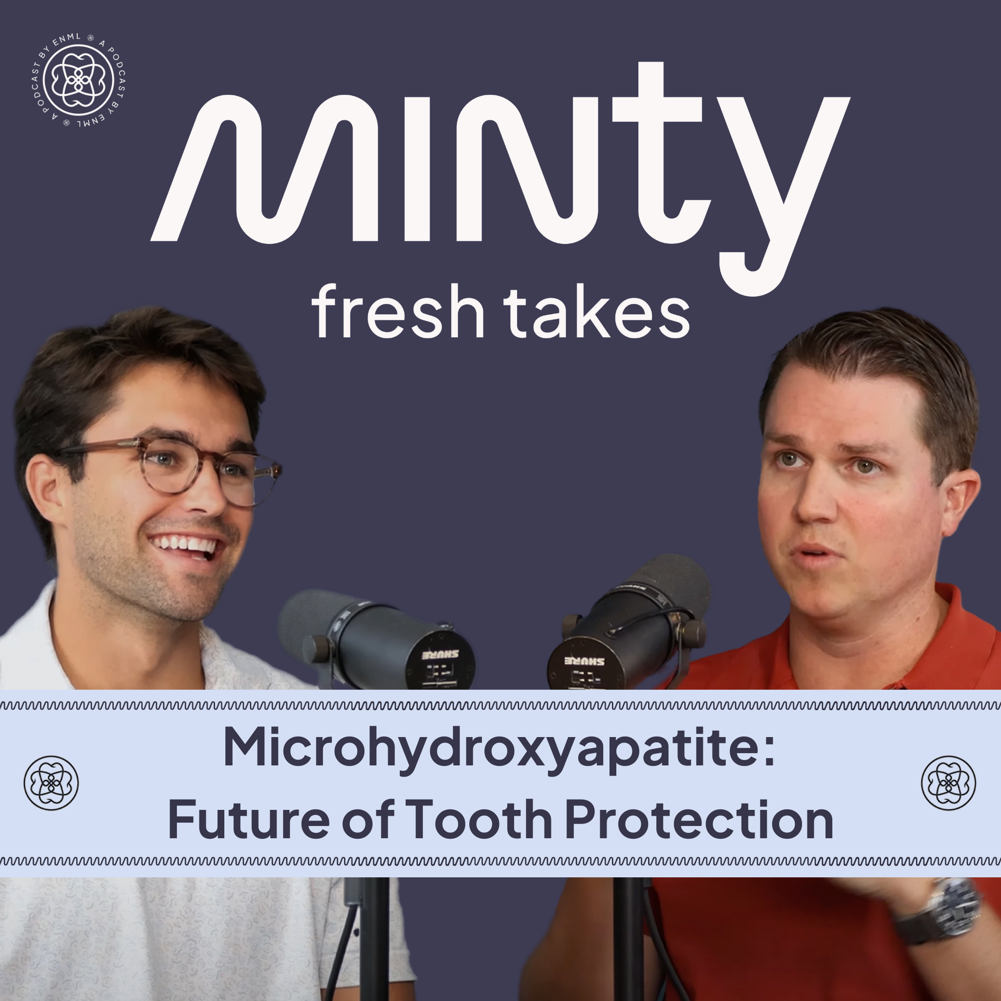 Two podcast hosts discussing in a professional studio setting for the Minty Fresh Takes series. The image features two people speaking into microphones, engaged in a conversation about innovative oral care solutions.