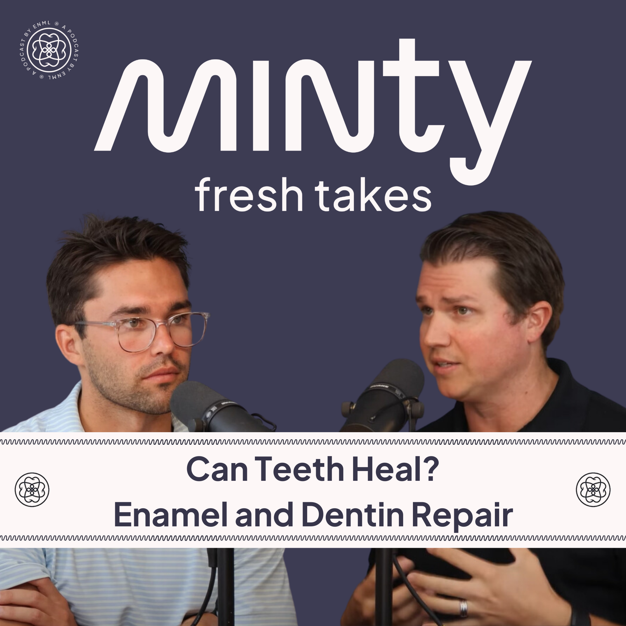 Two podcast hosts discussing in a professional studio setting for the Minty Fresh Takes series. The image features two people speaking into microphones, engaged in a conversation about innovative oral care solutions.