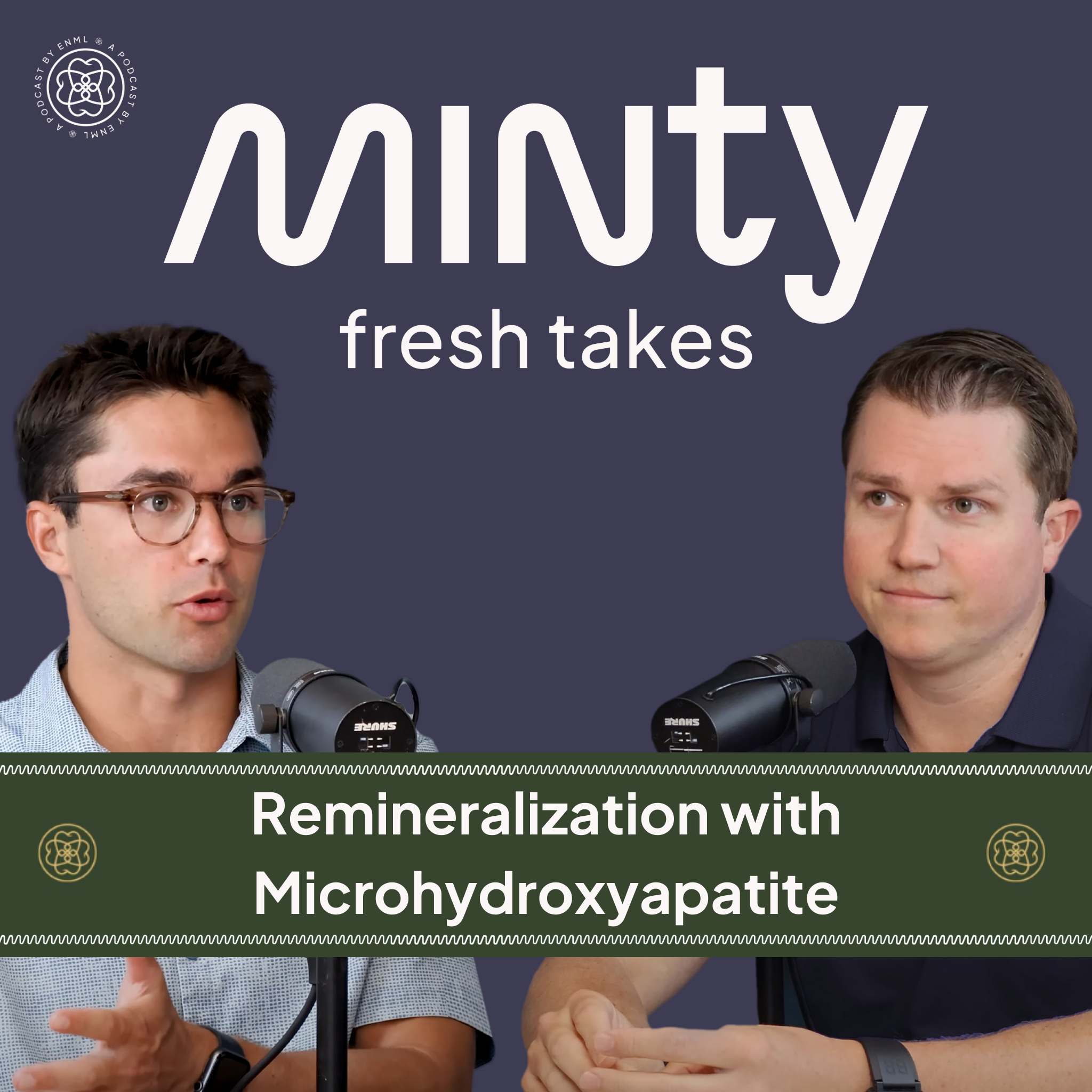 Two podcast hosts discussing in a professional studio setting for the Minty Fresh Takes series. The image features two people speaking into microphones, engaged in a conversation about innovative oral care solutions.