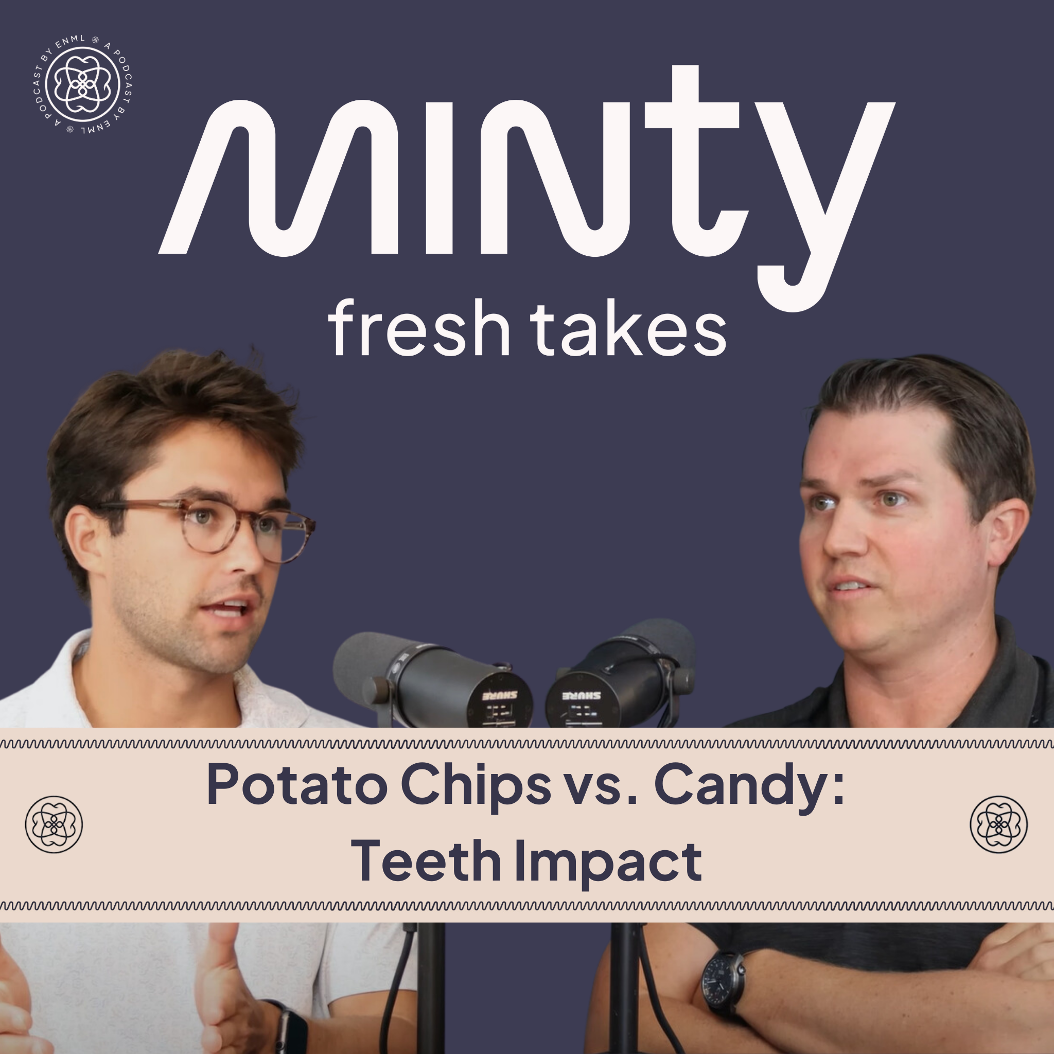 Two podcast hosts discussing in a professional studio setting for the Minty Fresh Takes series. The image features two people speaking into microphones, engaged in a conversation about innovative oral care solutions.