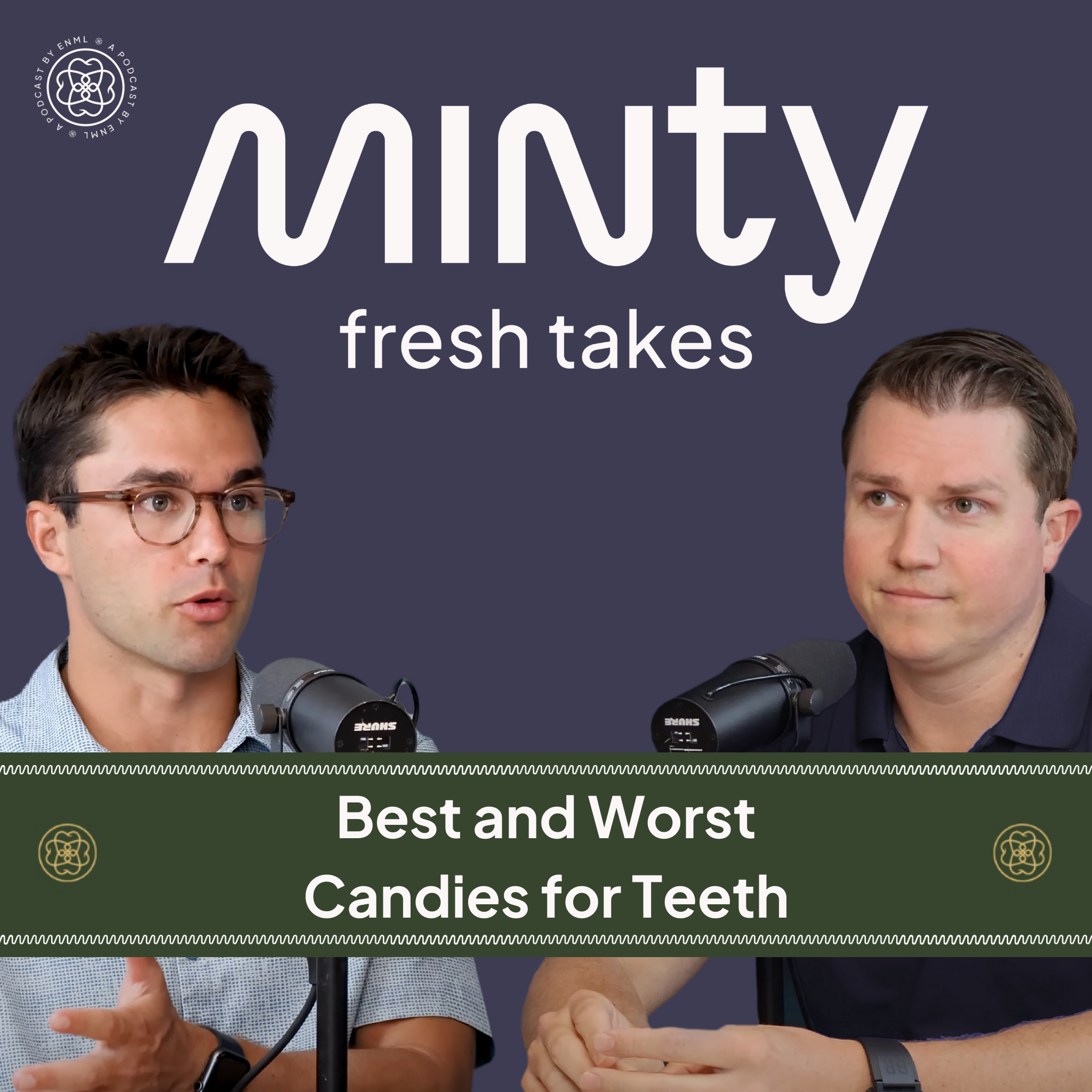 Two podcast hosts discussing in a professional studio setting for the Minty Fresh Takes series. The image features two people speaking into microphones, engaged in a conversation about innovative oral care solutions.