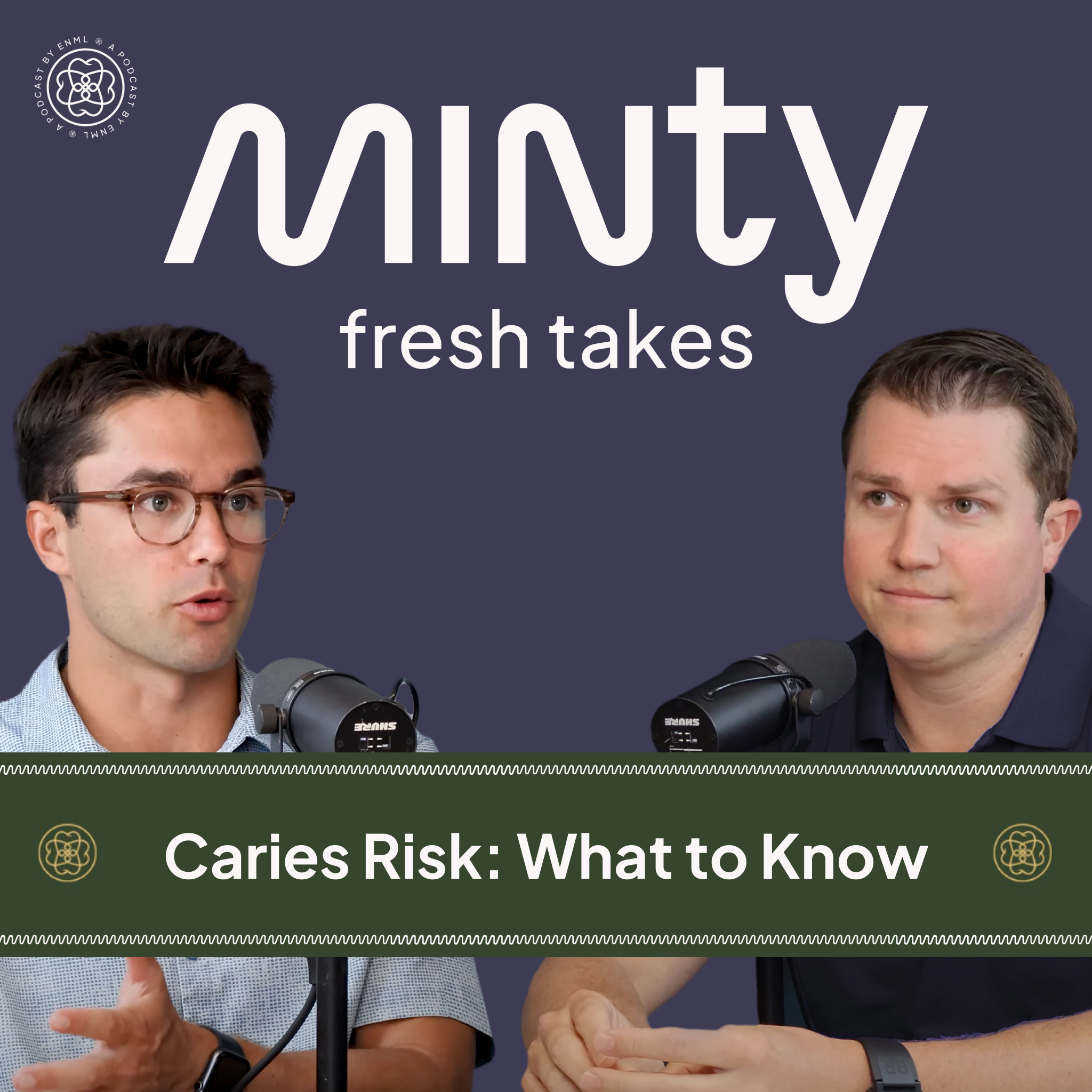 Two podcast hosts discussing in a professional studio setting for the Minty Fresh Takes series. The image features two people speaking into microphones, engaged in a conversation about innovative oral care solutions.