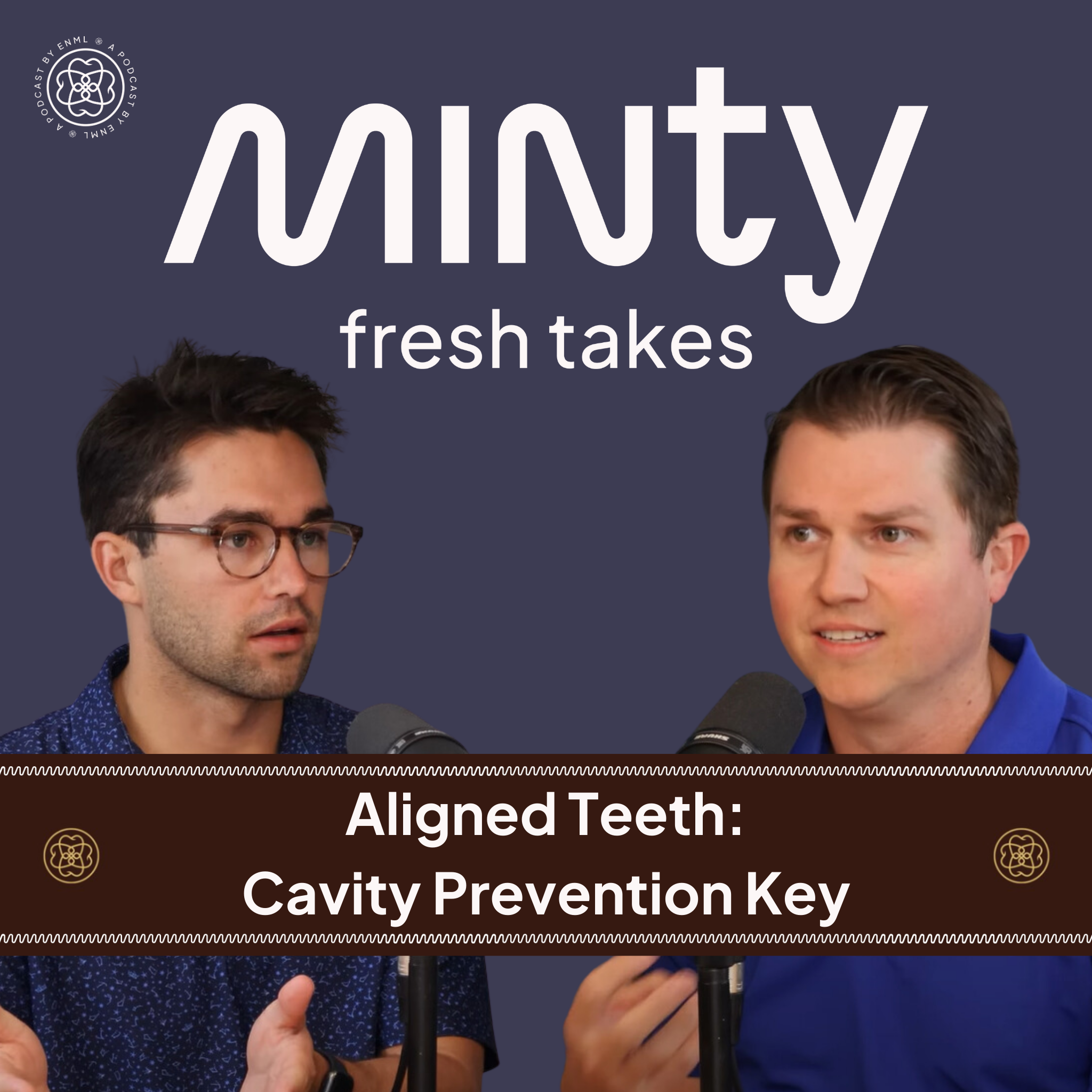 Two podcast hosts discussing in a professional studio setting for the Minty Fresh Takes series. The image features two people speaking into microphones, engaged in a conversation about innovative oral care solutions.