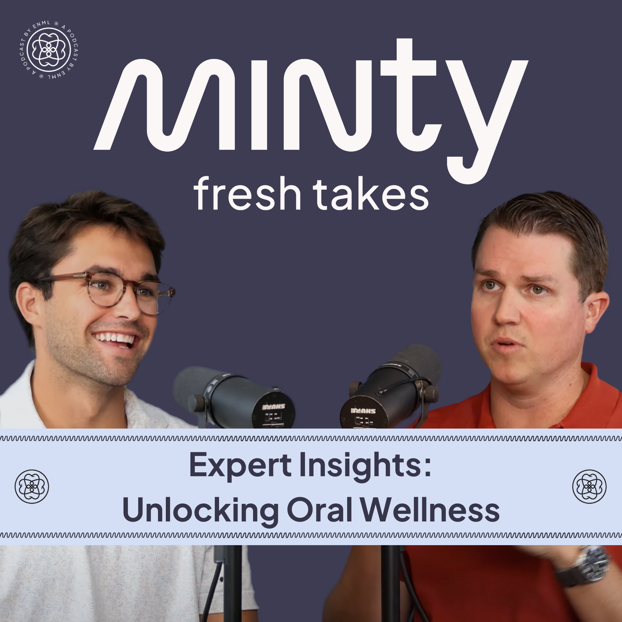 Two podcast hosts discussing in a professional studio setting for the Minty Fresh Takes series. The image features two people speaking into microphones, engaged in a conversation about innovative oral care solutions.