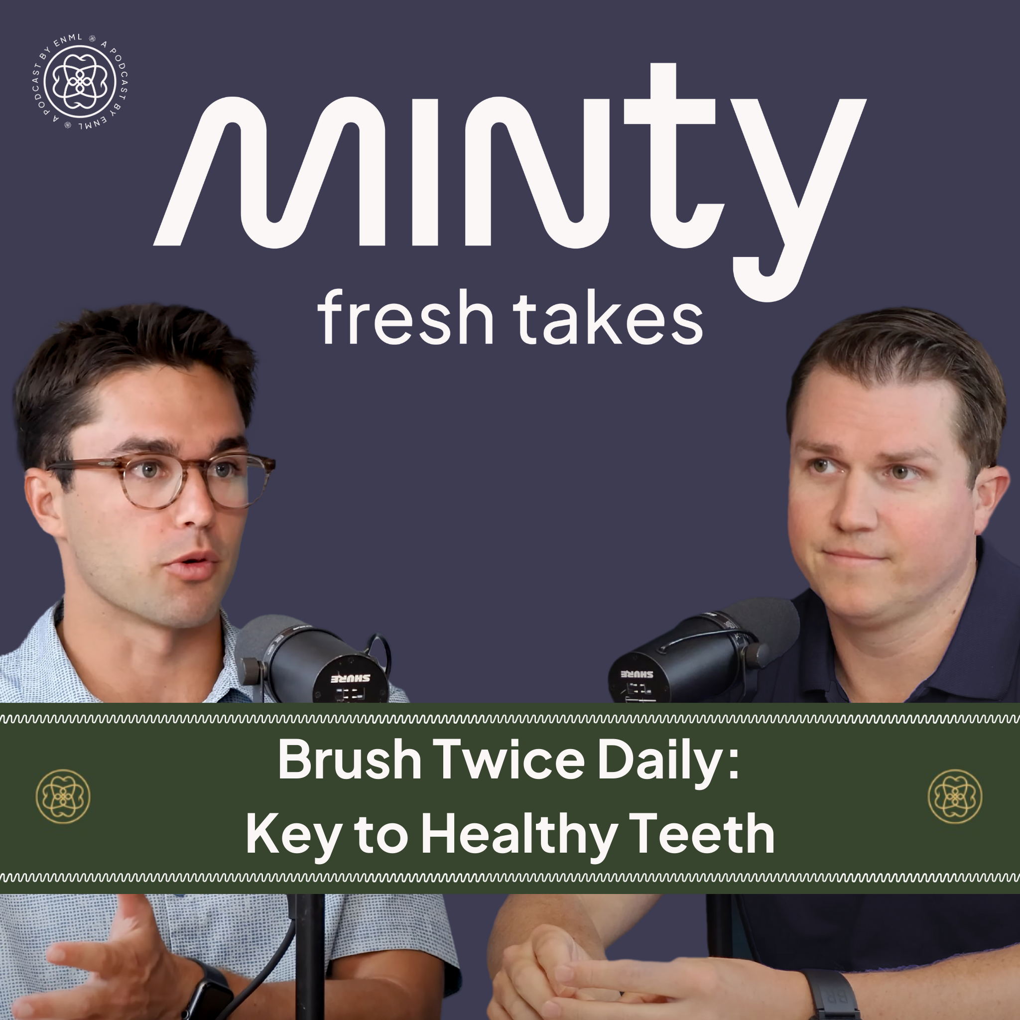 Two podcast hosts discussing in a professional studio setting for the Minty Fresh Takes series. The image features two people speaking into microphones, engaged in a conversation about innovative oral care solutions.
