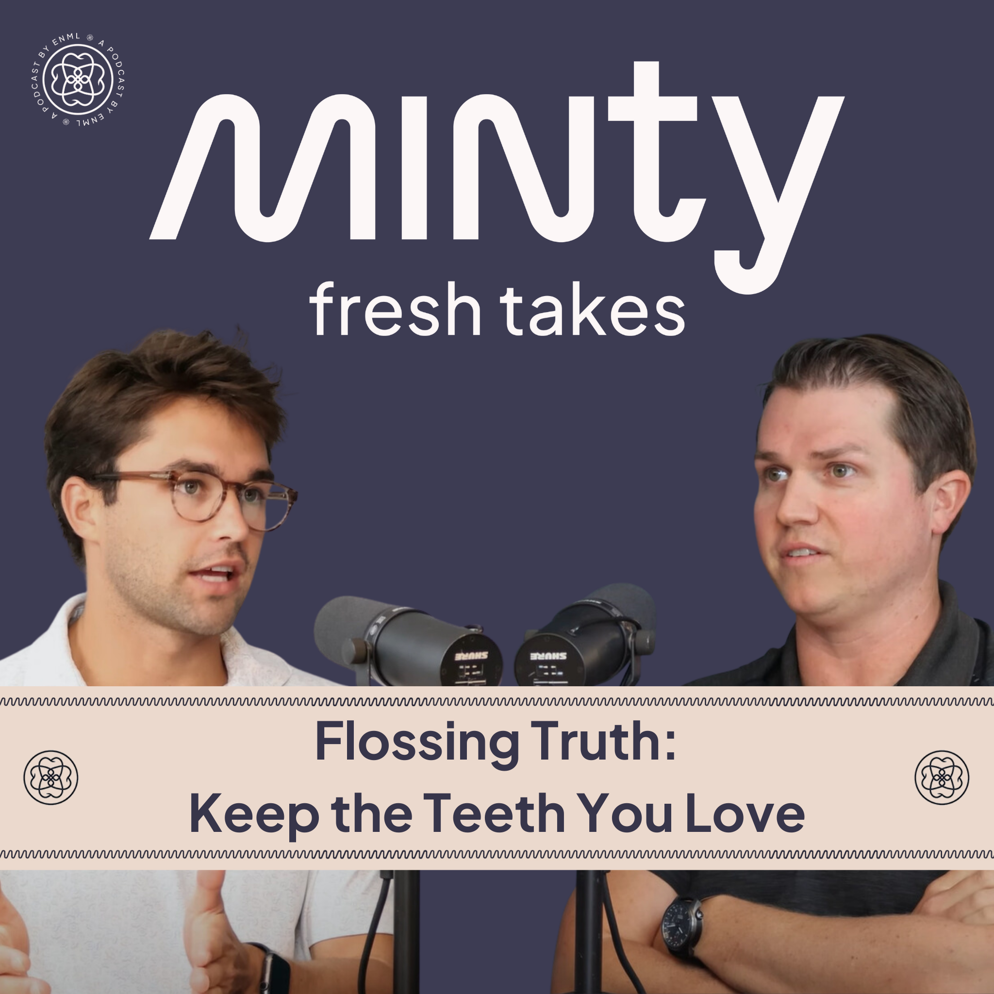 Two podcast hosts discussing in a professional studio setting for the Minty Fresh Takes series. The image features two people speaking into microphones, engaged in a conversation about innovative oral care solutions.