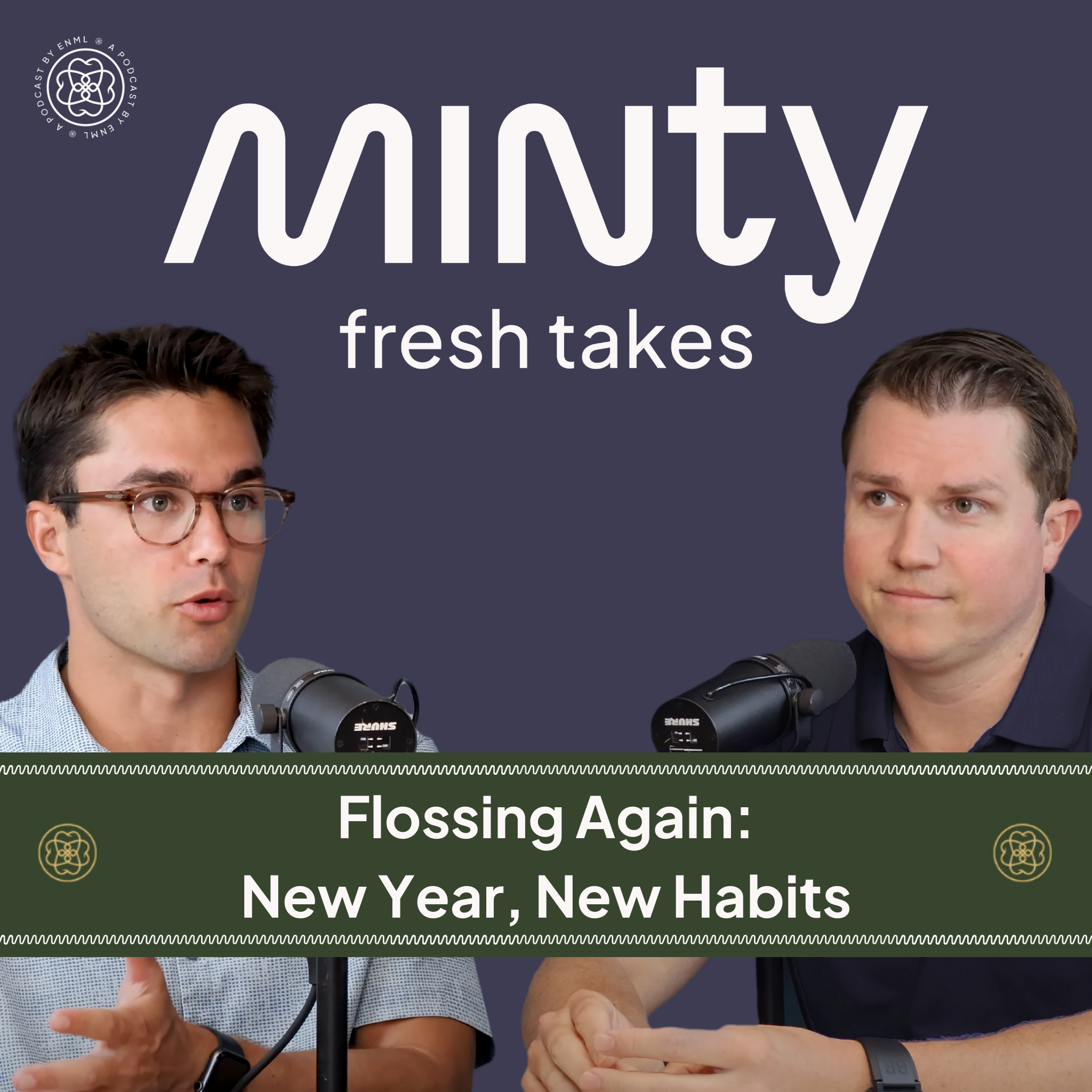 Two podcast hosts discussing in a professional studio setting for the Minty Fresh Takes series. The image features two people speaking into microphones, engaged in a conversation about innovative oral care solutions.