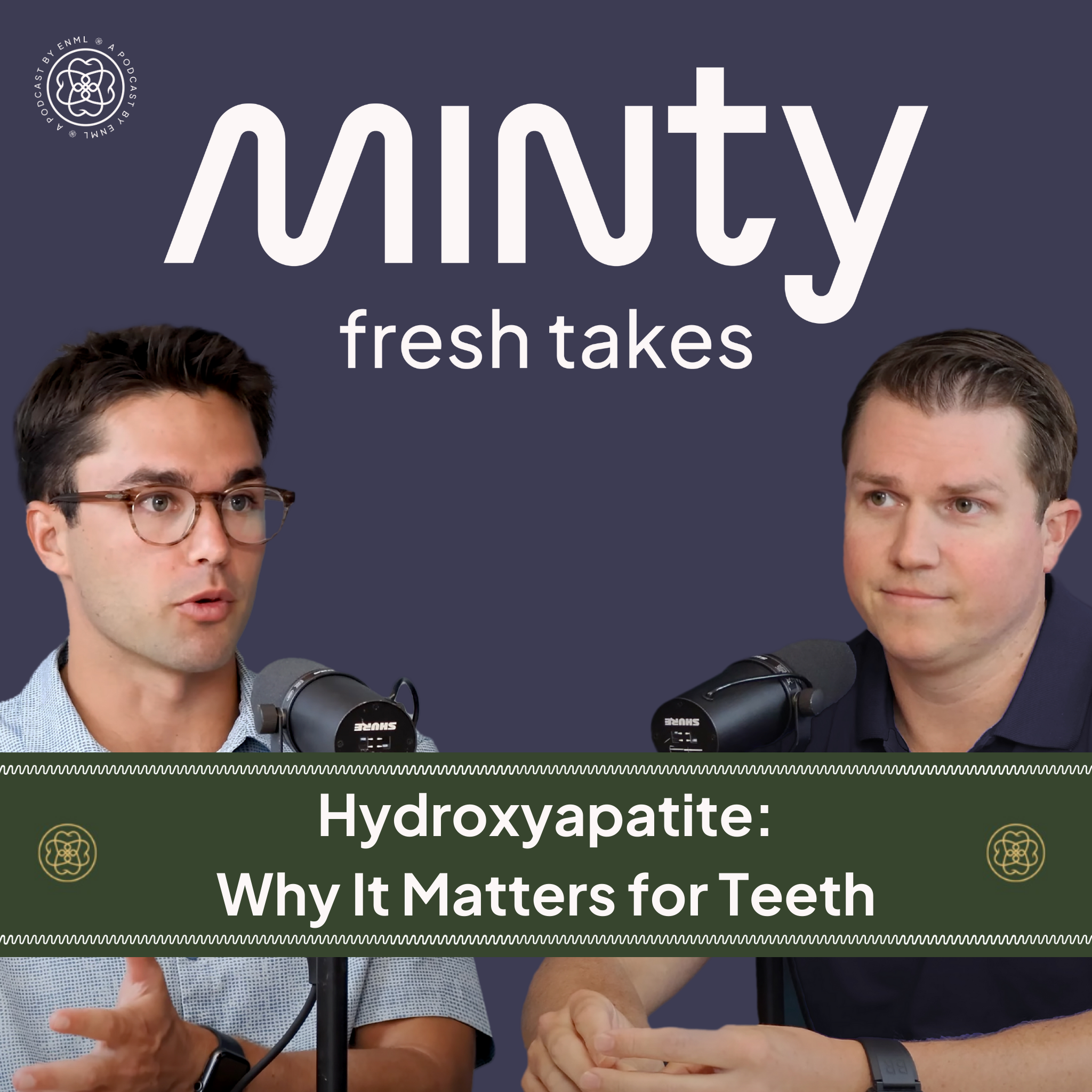 Two podcast hosts discussing in a professional studio setting for the Minty Fresh Takes series. The image features two people speaking into microphones, engaged in a conversation about innovative oral care solutions.
