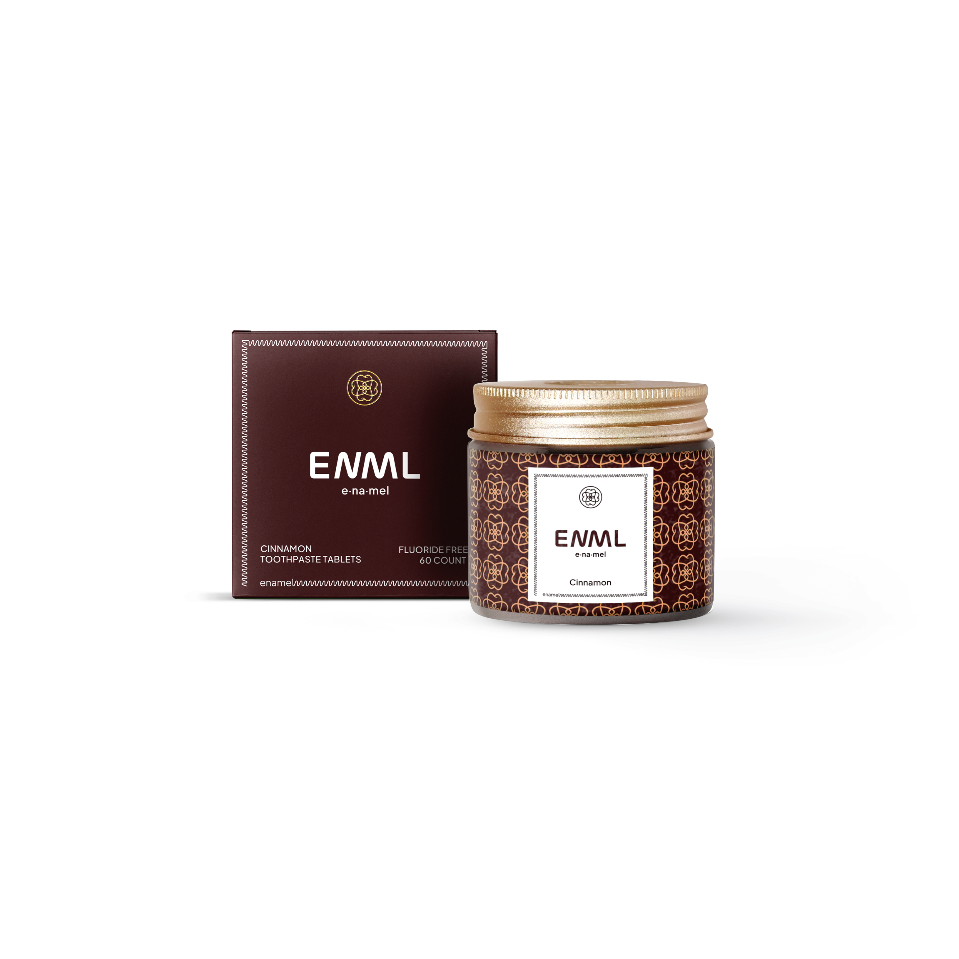 ENML Cinnamon Toothpaste Tablets jar and retail box