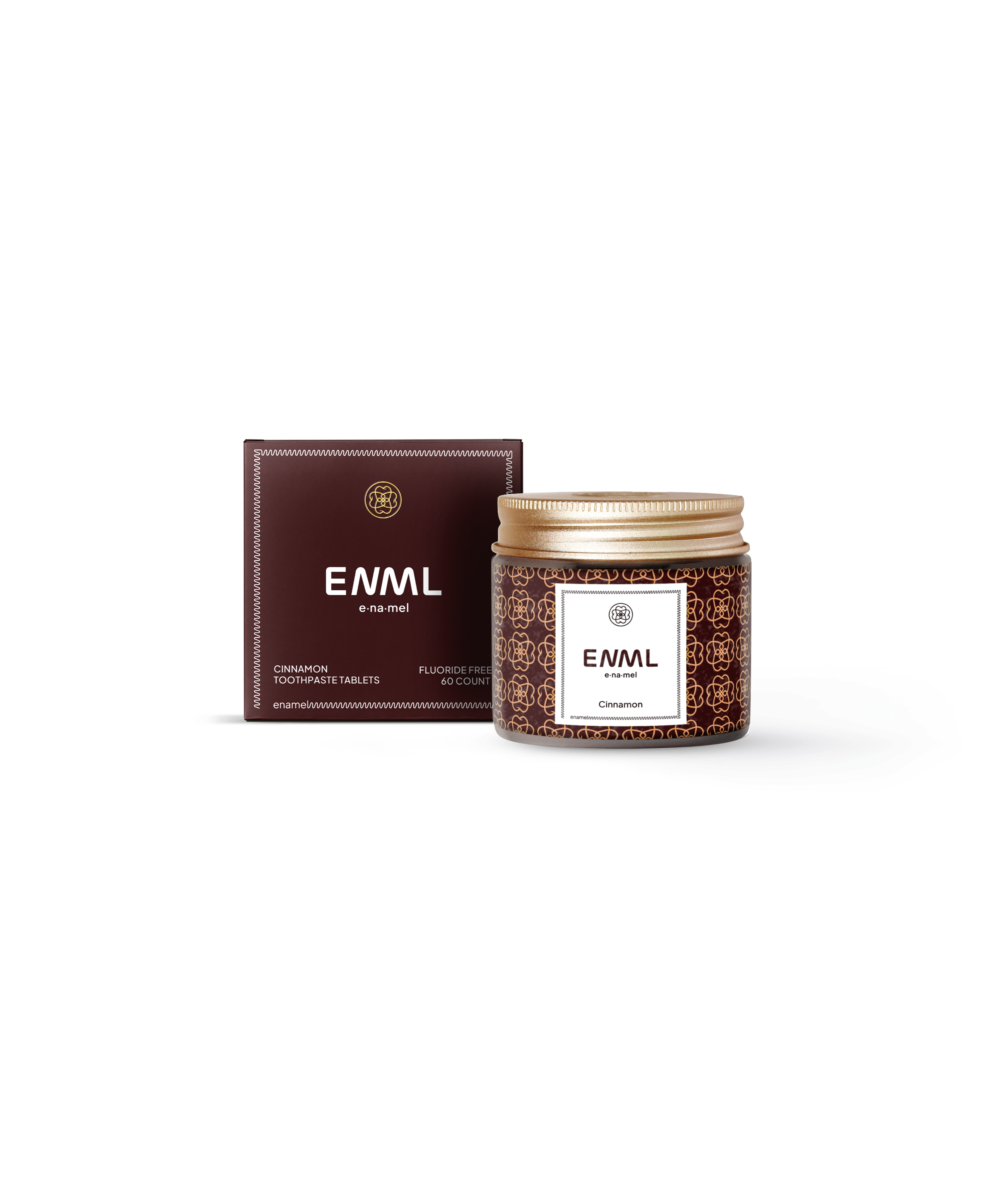 ENML Cinnamon Toothpaste Tablets jar and retail box
