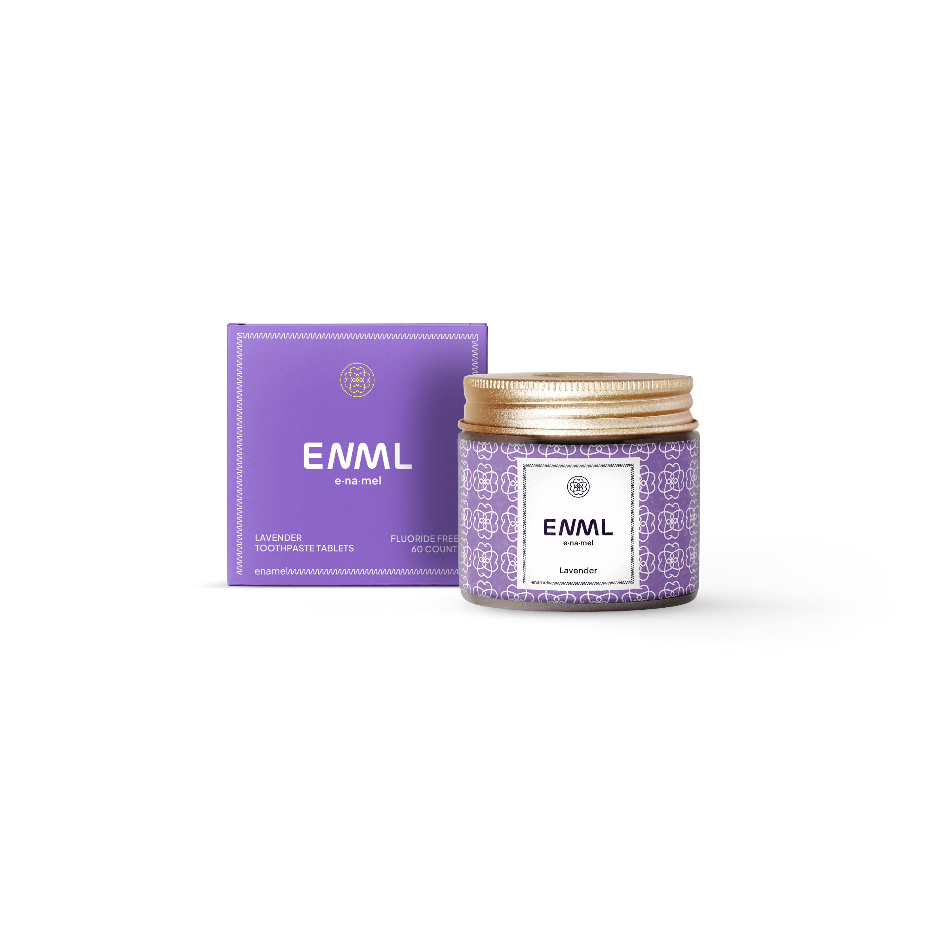 ENML Lavender Toothpaste Tablets jar and retail box