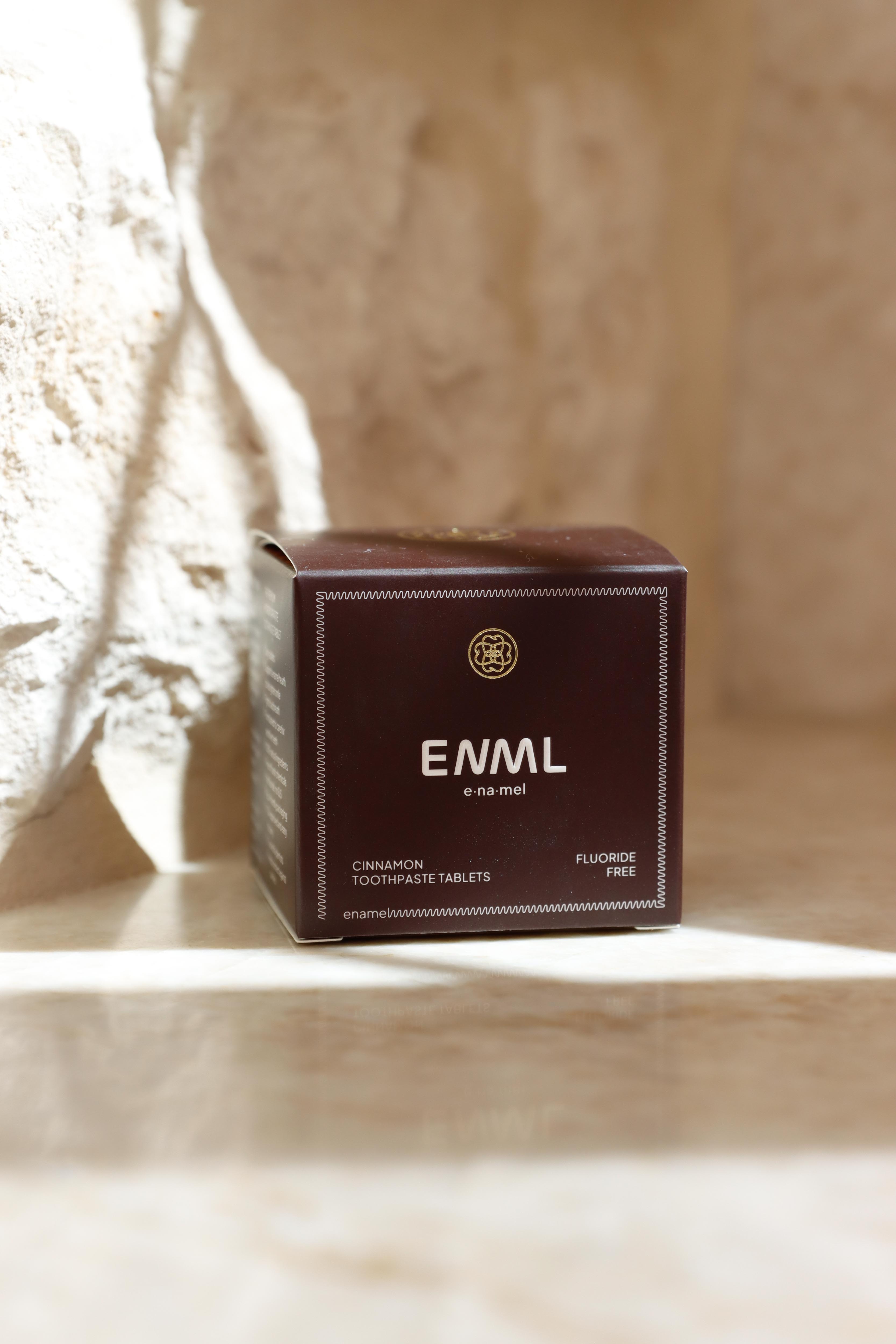 ENML Cinnamon Toothpaste Tablets retail box - fluoride-free dentist-designed cinnamon tablets