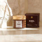 ENML Cinnamon Toothpaste Tablets jar and retail box on marble - fluoride-free cinnamon flavor dentist-designed oral care
