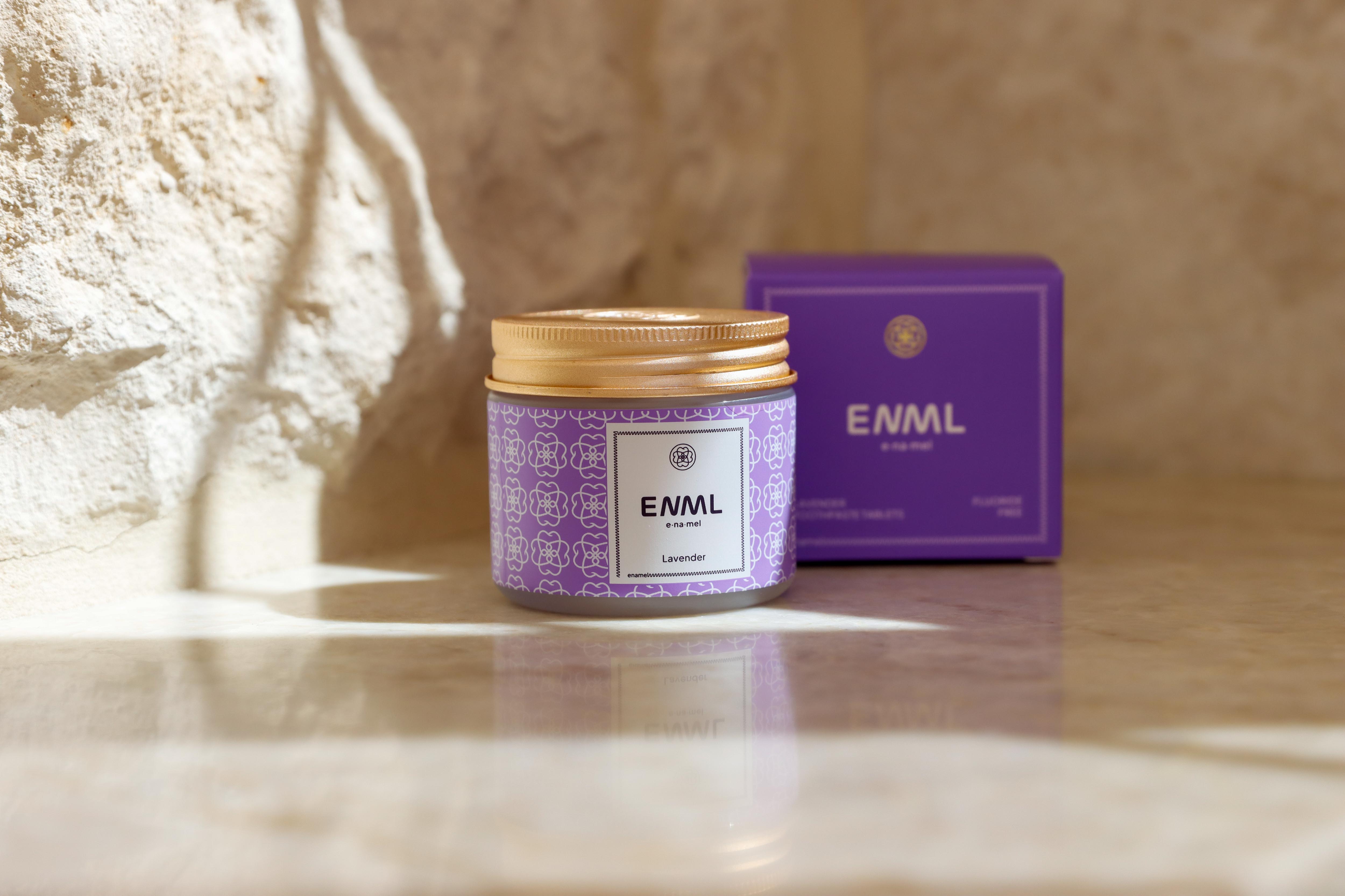 ENML Lavender Toothpaste Tablets jar and box lifestyle shot - soothing lavender fluoride-free premium oral care