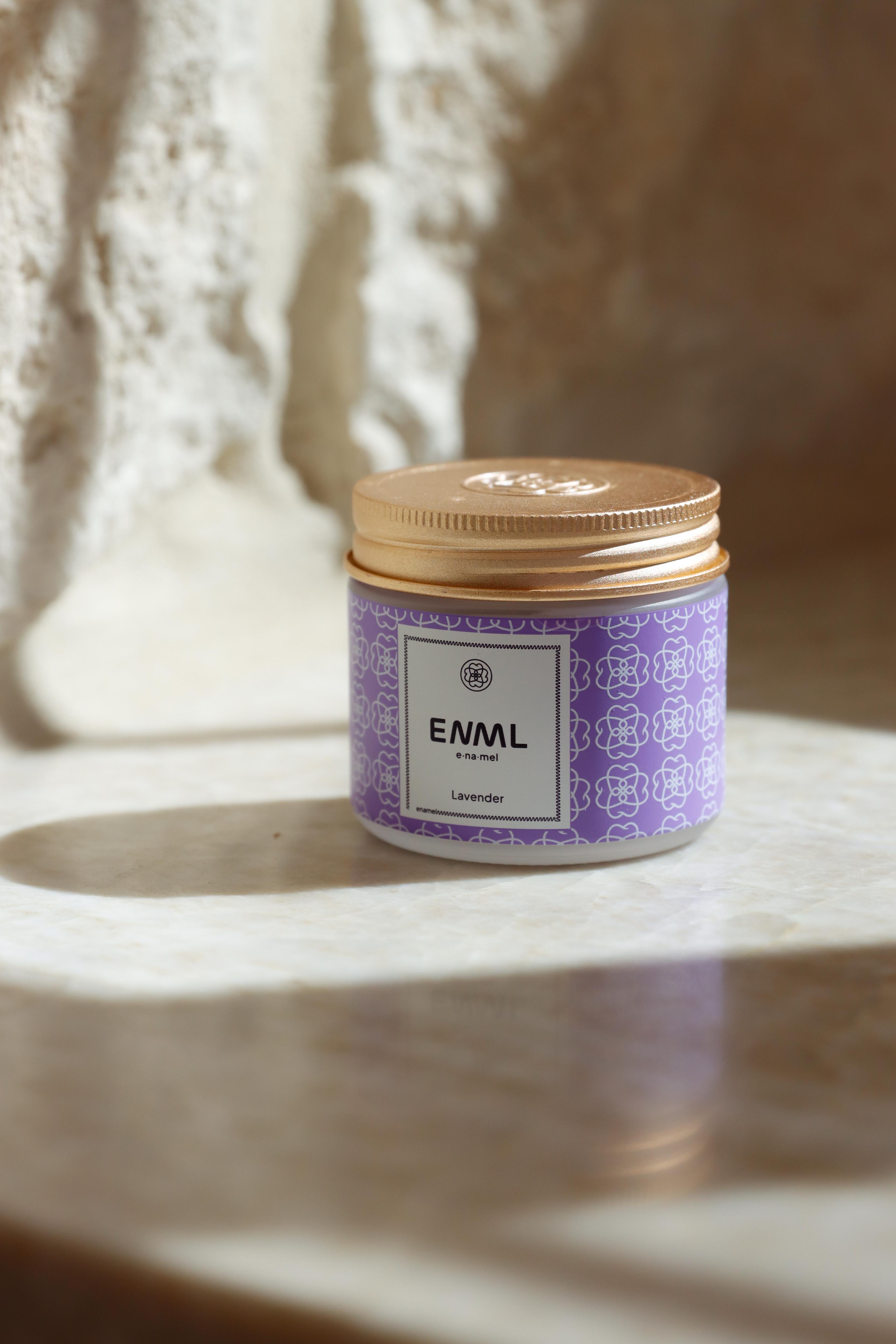 ENML Lavender Toothpaste Tablets jar on marble - fluoride-free hydroxyapatite lavender flavor oral care