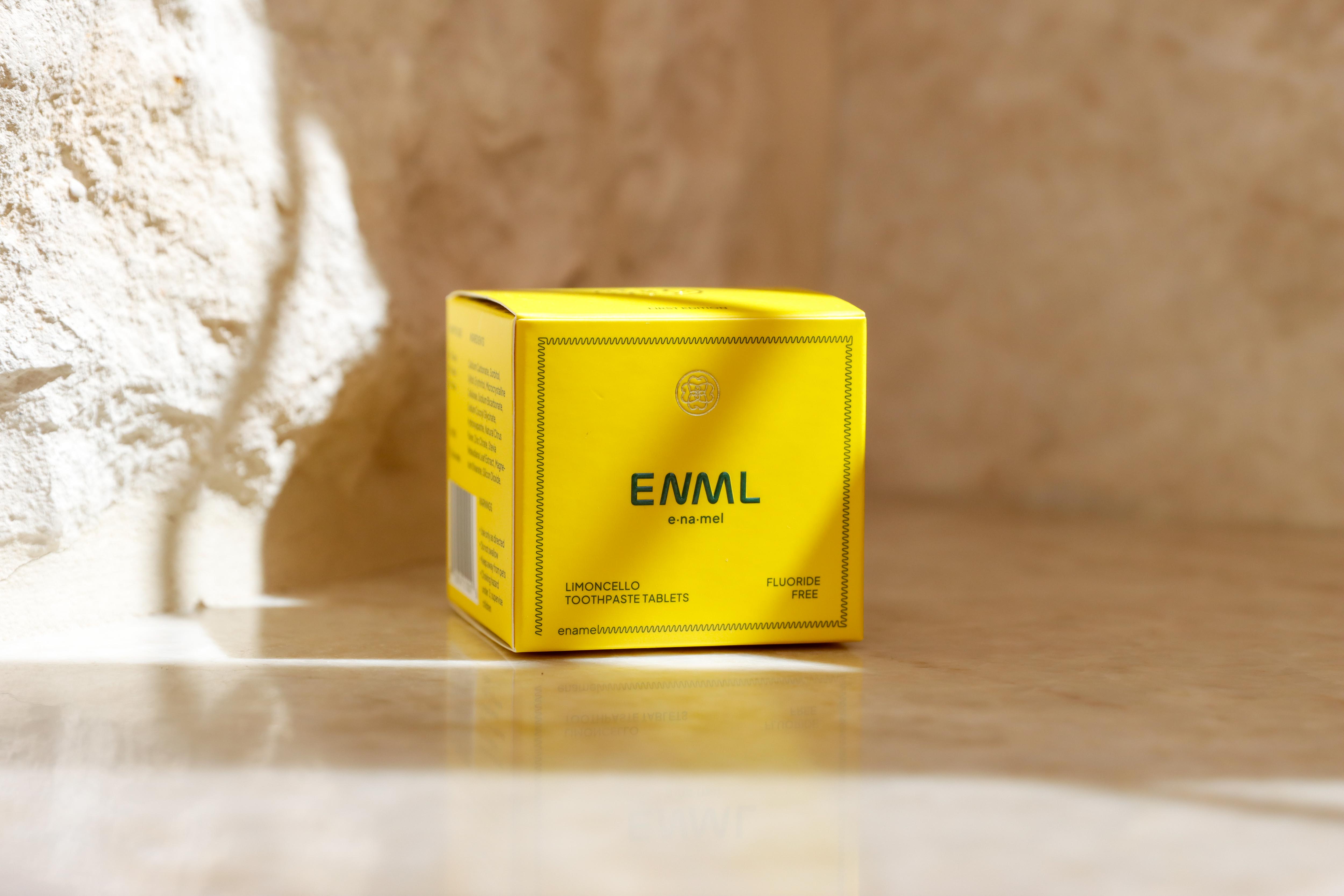 ENML Limoncello Toothpaste Tablets retail box - fluoride-free dentist-designed citrus lemon tablets