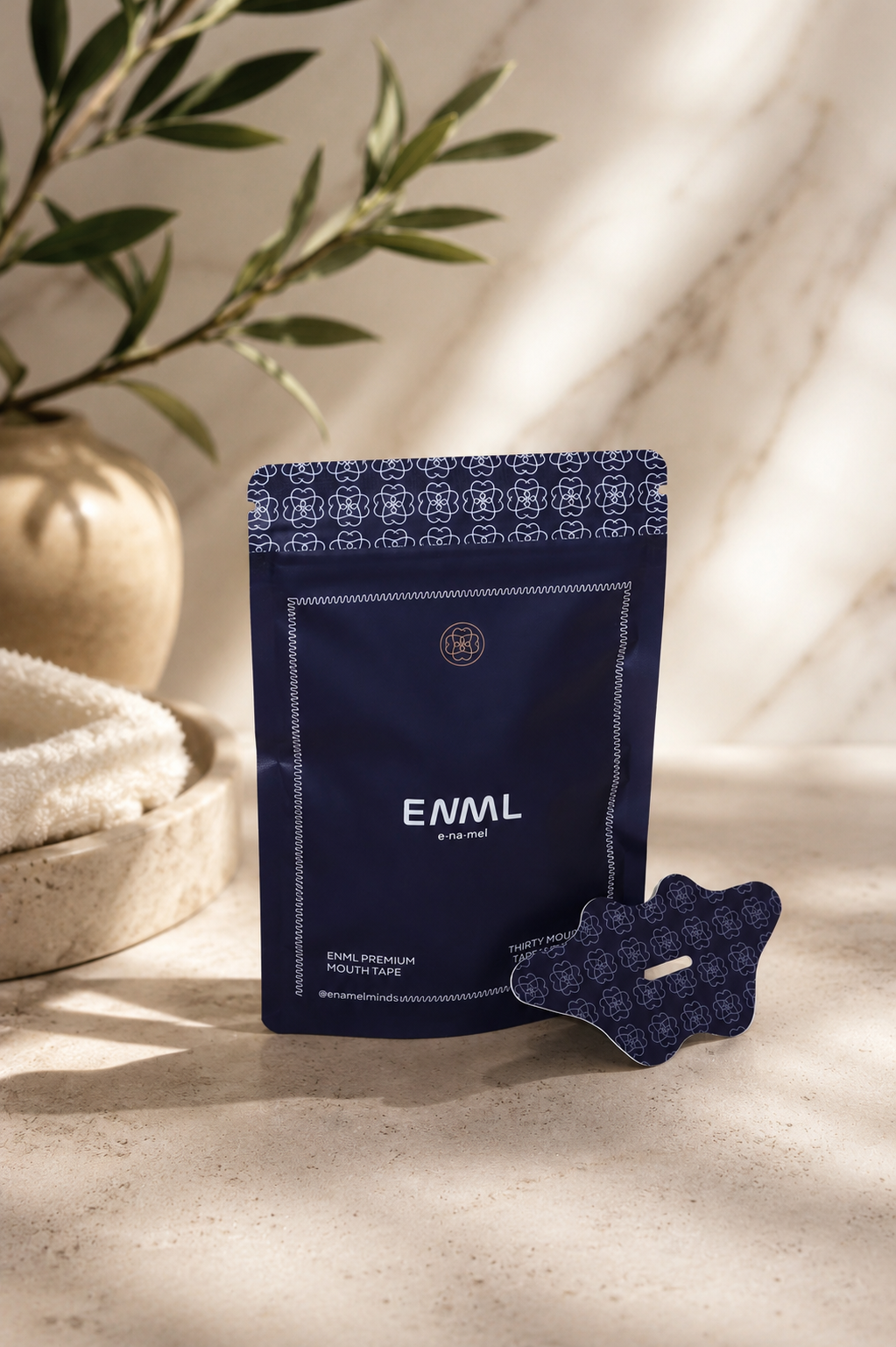 ENML collagen-infused mouth tape packaging close-up showing premium dental care branding